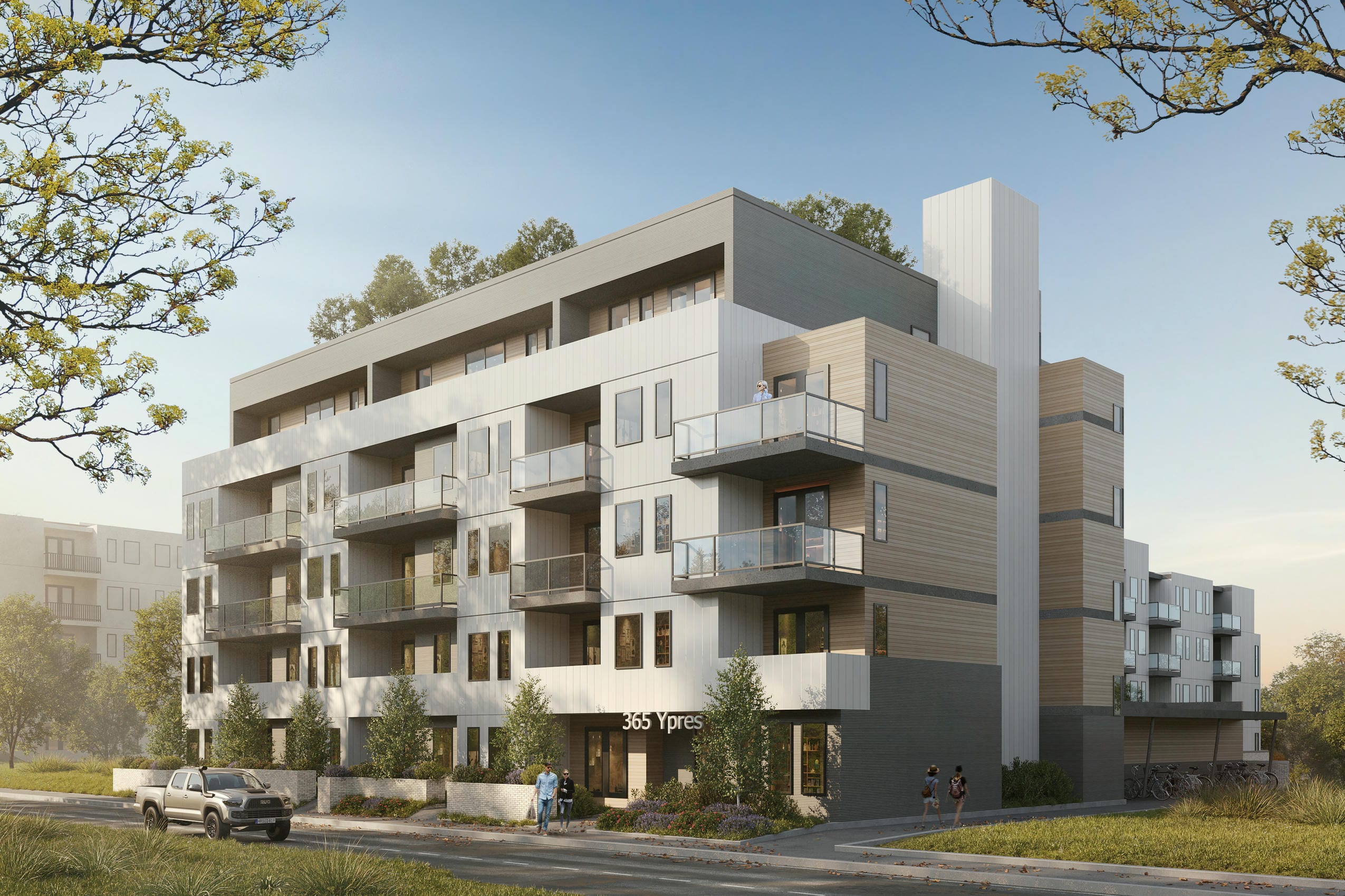 Mid-rise architectural rendering, grey building with patio units