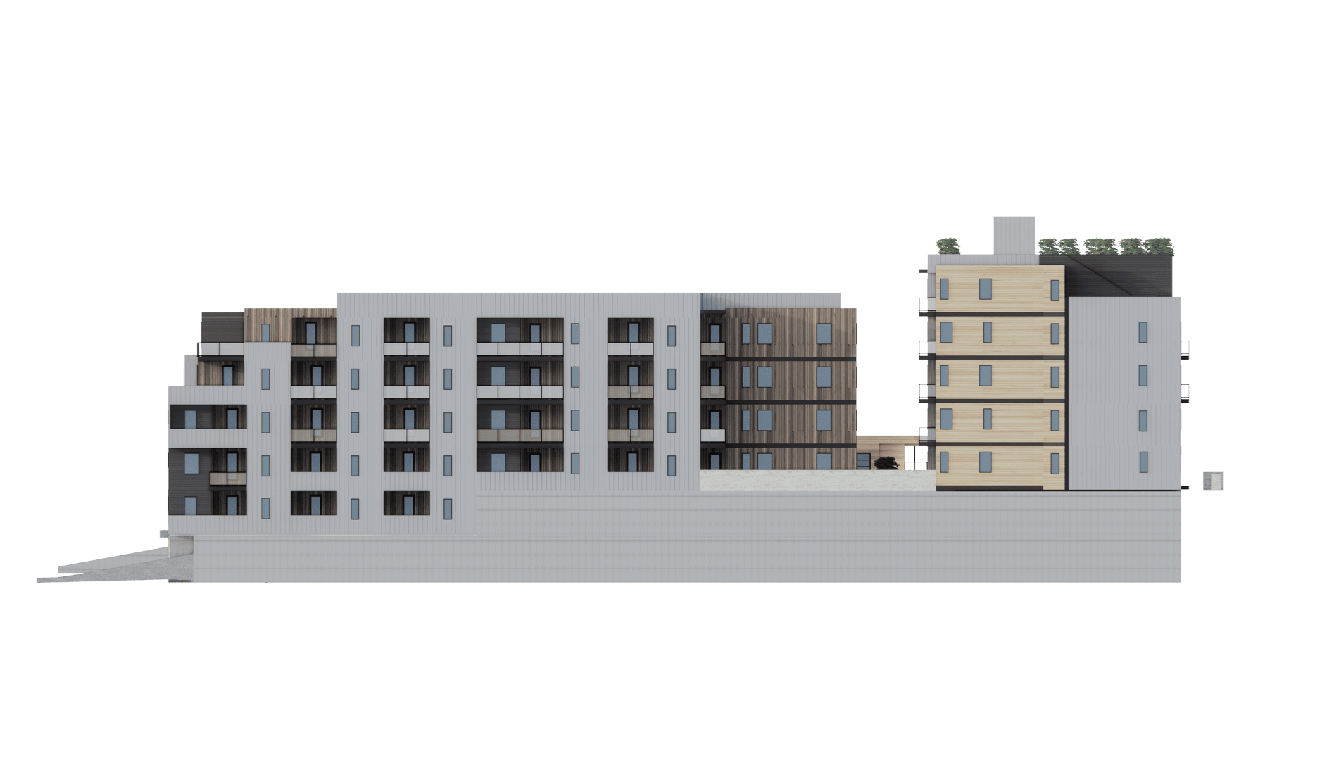 Mid-rise architectural rendering, initial drawing, no landscaping, building outline