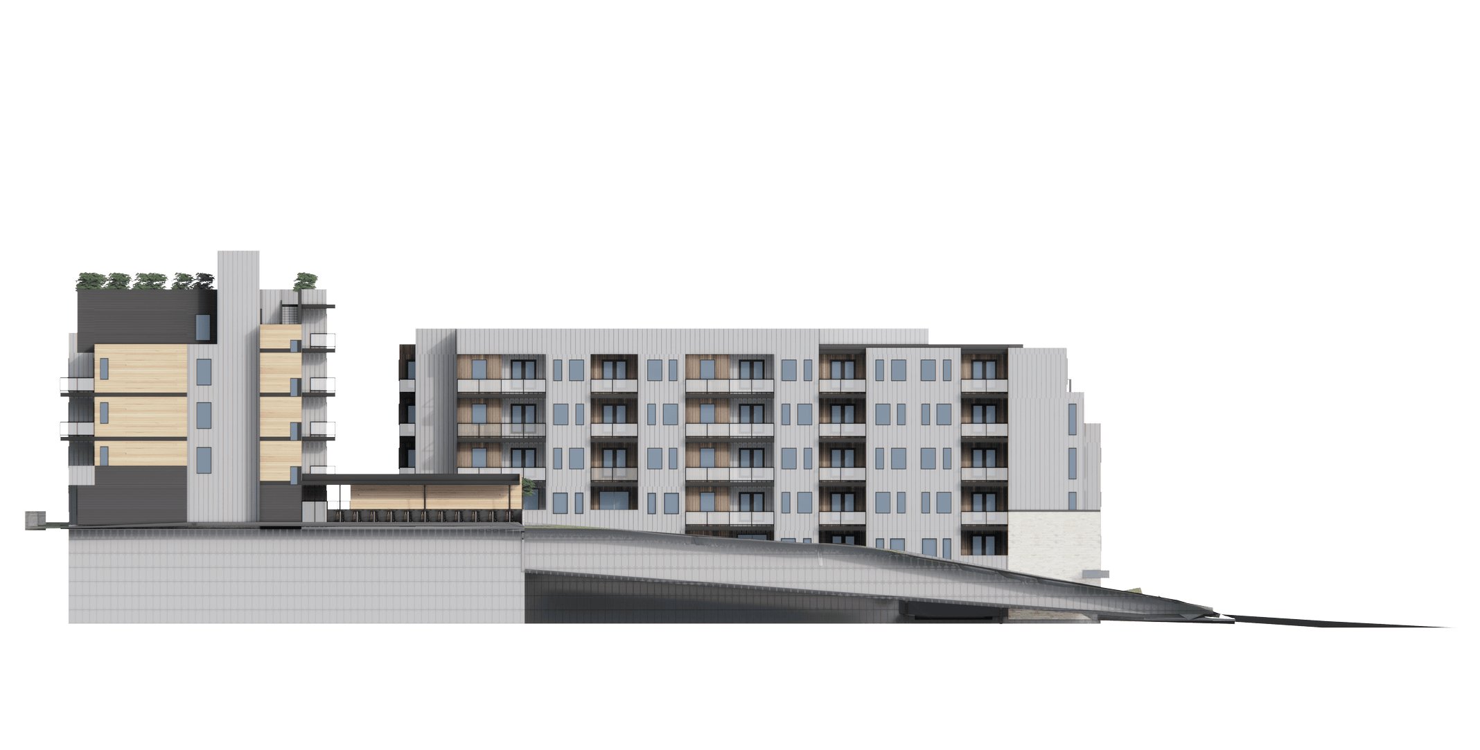 Mid-rise architectural building rendering, initial drawings, no landscaping, wide angle building outline